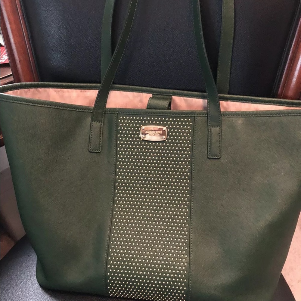 Michael Kors Large Micro Stud Stripe Tote Bag Green Saffiano Great Condition